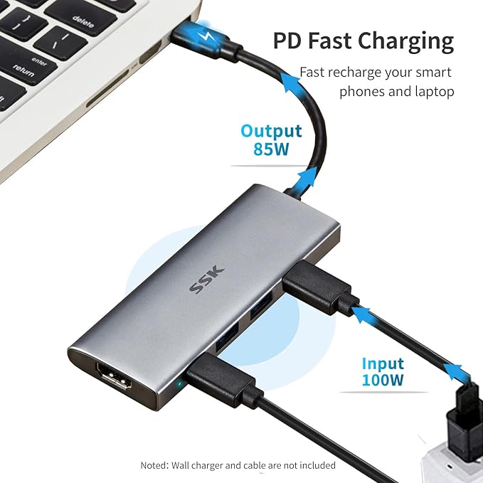 SSK 100W USB-C HUB USB3.2 Gen 2 10Gbps 5 in 1 Type C Multiport Adapter with 4K HDMI 2 USB C with 1 PD Powered 2 USB A 3.2 Gen2 Ports SuperSpeed USB Dock for Laptop MacBook Pro Air Dell Hp Lenovo