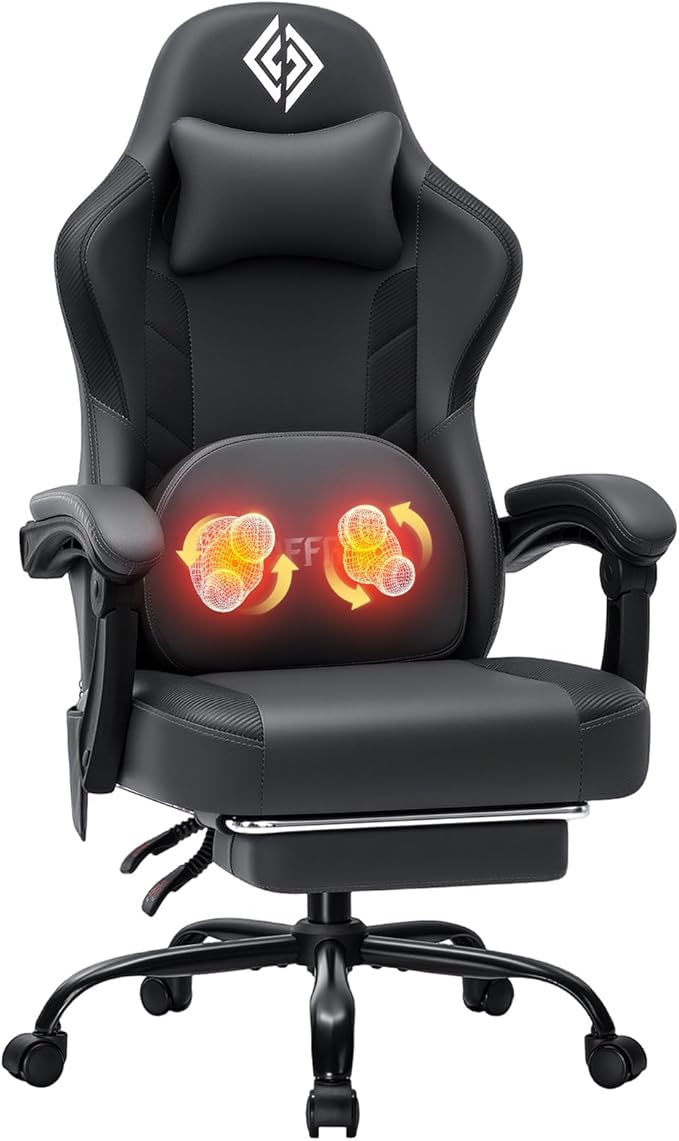 HOFFREE 3D Kneading Massage Gaming Chair with Heated Massage Lumbar Support Office Computer Chairs for Adults with Footrest Ergonomic Comfy Game Chair for Gaming Office 400lbs Grey