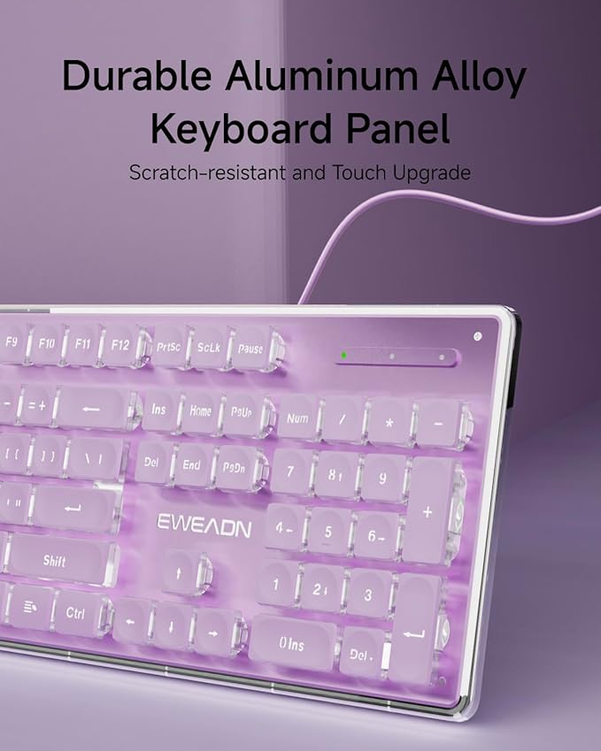 EWEADN GX710S Backlit Computer Keyboards Wired USB Keyboard with White Backlit Metal Panel Plug and Play Pudding Keycaps Full Size Quite Computer Keyboard for Win/PC/Laptop-Purple