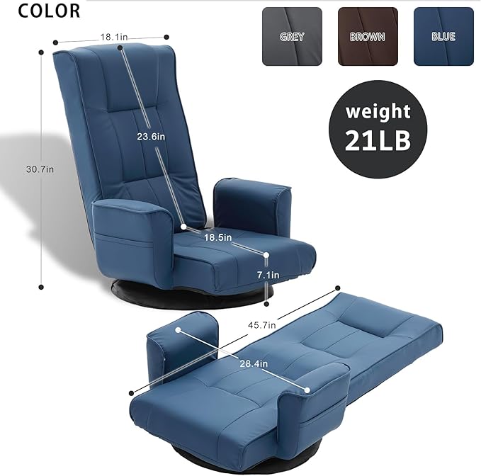 FLOGUOR 360° Swivel Gaming Floor Chair with Armrests – 14-Position Adjustable Folding Floor Sofa Lounger Padded Backrest Multi-Angle Recline for Home Living Room &amp Office (Blue)