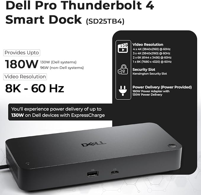 Dell SD25TB4 Pro Thunderbolt 4 Smart Dock - Supports 8k Display 3 Years Warranty with 180W Adapter HDMI DisplayPort Thunderbolt Cable Cloth - USB C Docking Station Hub with Accessories