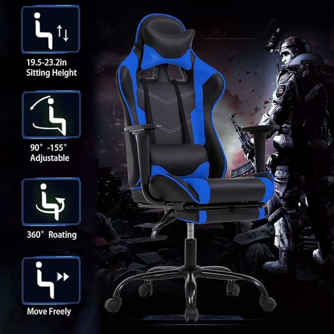 PC Gaming Chair with Footrest Ergonomic Home Office Chair with Lumbar Support &amp Headrest Pillow Height Adjustable Swivel Recliner Racing Computer Video Game Chairs Blue