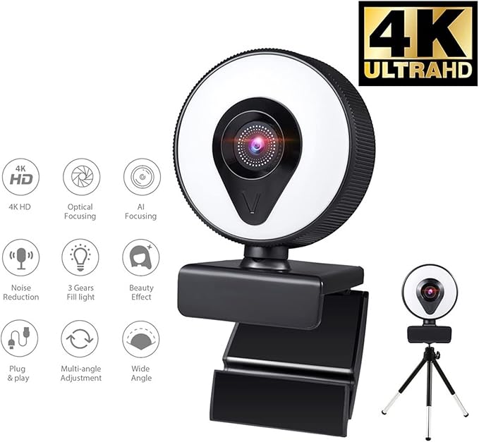 Web Camera Webcam 4K 2K 1080P with Microphone Auto Focus Web Camera 3 Grades Ring Light Beautify Lighting Video for Live Broadcast Web Cam for Gaming Video Calling Recording (Color : 1080P)