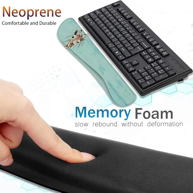 Keyboard Wrist Rest Pad + Square Mouse Pad + Wrist Rest Support Pad + Coaster Ergonomic Memory Wrist Rest Support 4-Piece Combo Set for Gaming and Office Green Rustic Wood and Giraffe