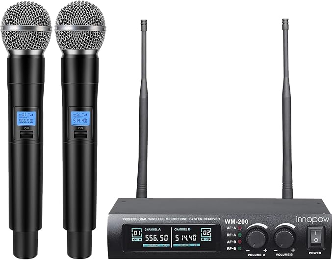 Wireless Microphone System Dual UHF Metal Cordless Mic Set Long Distance 150-200Ft16 Hours Continuous Fixed Frequency Use for Karaoke Singing Family PartyChurch (CH.01&amp02)