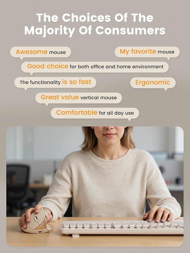 SABLUTE MAM3 Ergonomic Mouse Rechargeable Wireless Vertical Mouse with 4 Adjustable DPI for Small/Medium Hands Dual-Device Connectivity for Computer/PC/LaptopBluetooth Mouse for WindowMac OSBeige