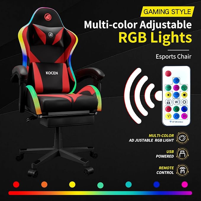 Gaming Chairs for Adults Tall and KidsLumbar SupportLED LightsHigh Back Reclining Computer Chair with Headrest (Black+Red)