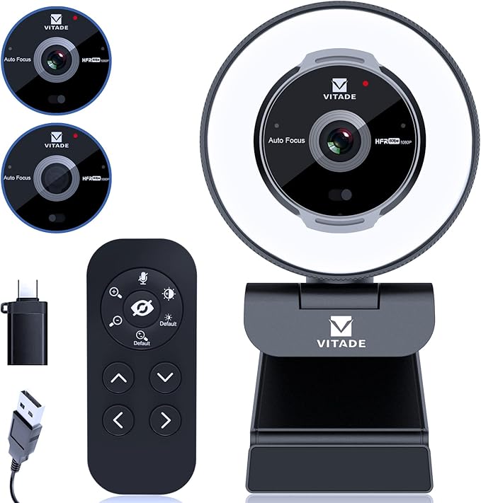 Zoomable Webcam with Remote Control 1080P 60FPS Streaming with Ring Light and Microphone Pro USB Webcam with 5X Digital Zoom and Privacy Cover for Zoom/Skype/Teams/PC/Laptop/Mac