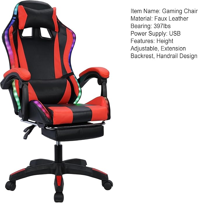 Gaming Chair with LED Lights Computer Chair with Footrest and Lumbar Support 360°-Swivel Seat and Headrest and for Office 397lbs Capacity (Red)