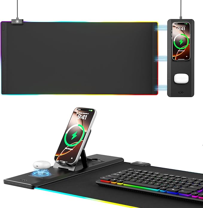 KDD Mouse Pad with Foldable Phone Holder - Wireless Charging Desk Mat 15W Fast - RGB Gaming Mousepad with Ultra-Smooth Surface Non-Slip Base - Keyboard Mat for Home Office Gamer Desk Accessories