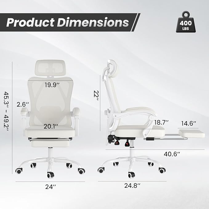 Ergonomic Office Chair with Footrest 135° Reclining High Back Mesh Desk Chair with Adjustable Lumbar Support &amp Headrest for Home Office Gaming and Nap 400 lbs Capacity (Beige Model D)