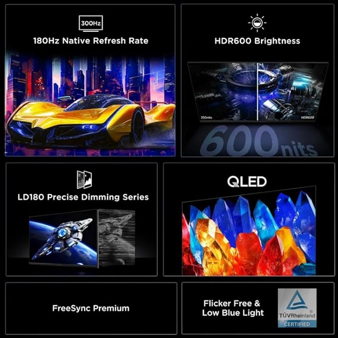 TCL 27 G64 Series QHD HDR QD-Mini LED 2560x1440 180Hz 1ms GTG HDR600 Brightness AMD FreeSync Built-in Stereo Speakers Adjustable Stand Gaming Monitor Black &amp Gray 27G64 (Renewed)