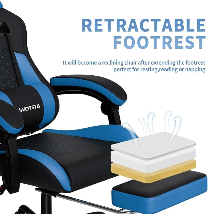 Gaming Chair with Footrest Gaming Chairs PVC Leather Ergonomic Office Gamer Chair Headrest Lumbar Support Racing Style Video Gaming Chair for Office (Black Blue)