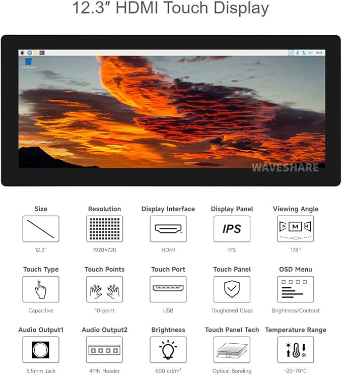 Waveshare 12.3inch Capacitive Touch Screen LCD Compatible with Raspberry Pi 5/4B/3B+/3B/2B/B+/A+/Zero/Zero W/WH/Zero 2W Series Boards 600 Cd/M²1920×720 HDMI IPS Toughened Glass Panel