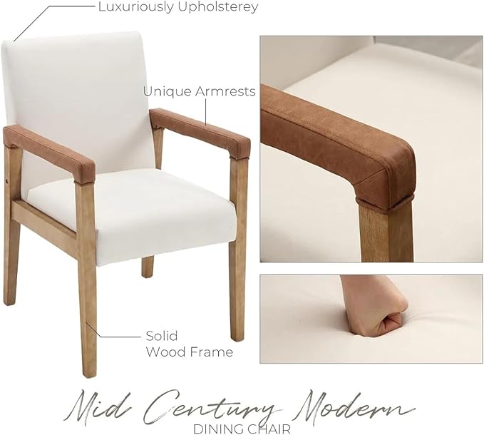 Adjustable Office Computer Chair with Armrest 1pcs Modern Style Linen White Upholstered Solid Wood Dining Chairs with Armrests