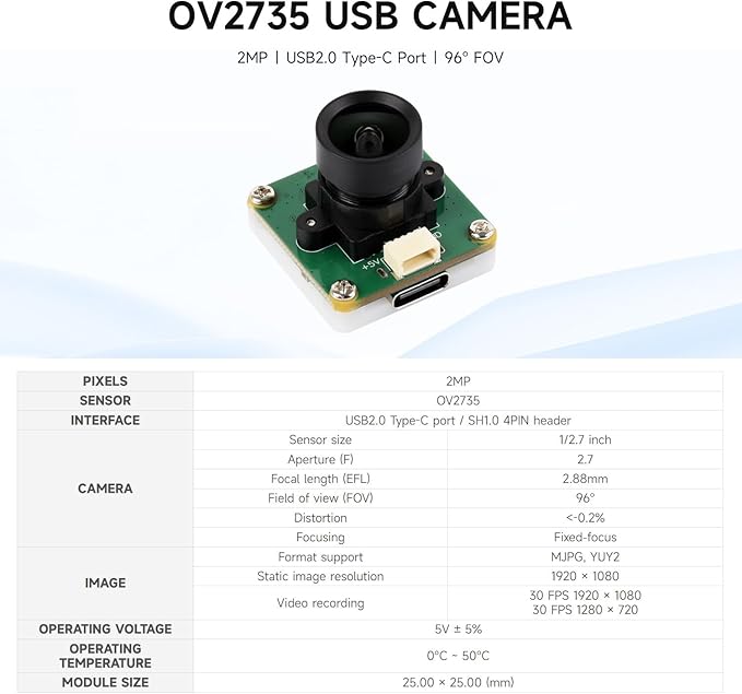 Waveshare OV2735 2MP USB Camera (A) Supports USB2.0 Type-C Port and SH1.0 4PIN Header