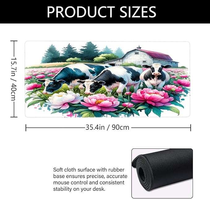 Farm Cow Pink Flower Large Mouse Pad Gaming Mousepad Desk Mat for Desktop Computer Keyboard Waterproof Mouse Mat Desk Pad with Non-Slip Base for Game School Office Home 35.4 x 15.7
