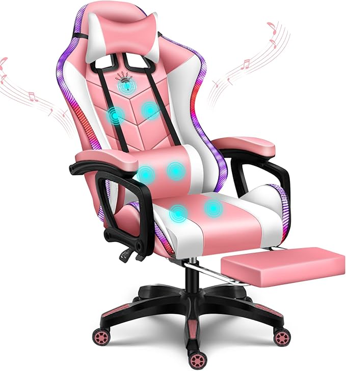 RGB Gaming Chair with Speakers Massage Computer Chair Ergonomic Racing Game Chairs for Teens PU Leather Recliner Swivel Gamer Chair with Lumbar Support Headrest Armrest and FootrestPink