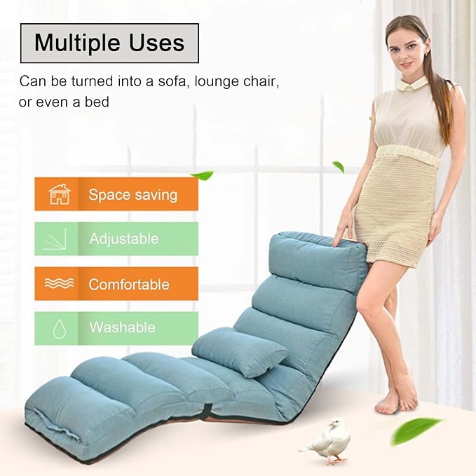 Floor Chairs with Pillow for AdultsFloor Gaming Chair with 3 Position Adjustable Head、Back and Knee SupportNo Assembly Folding Lazy Sofa Chair for GamingSleepingReading (Blue)