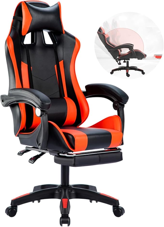 Ergonomic Gaming Chair Wooden backrest Comfortable Breathable Office Chair Height Adjustable Computer Chair with Footstool Reclining(BlackRed_with)