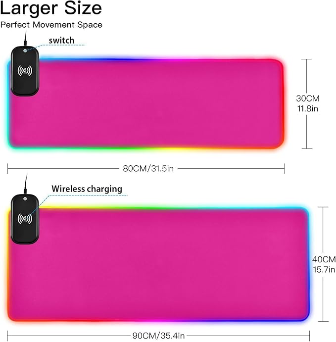 Bright Pink Mouse Pad Gaming Mousepad Non Slip Desk Mat Wireless Charging RGB Computer Mouse Pads Keyboard Pad Mats for Office Home Desktop 35.4 x 15.7 in