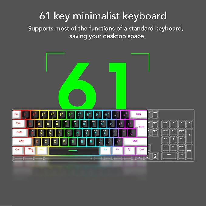 GOWENIC 61 Key RGB Illuminated Keyboard Multi Color LED Backlit Wired Gaming Keyboard and Mouse Combo for Tablet Laptop (Black Center White)