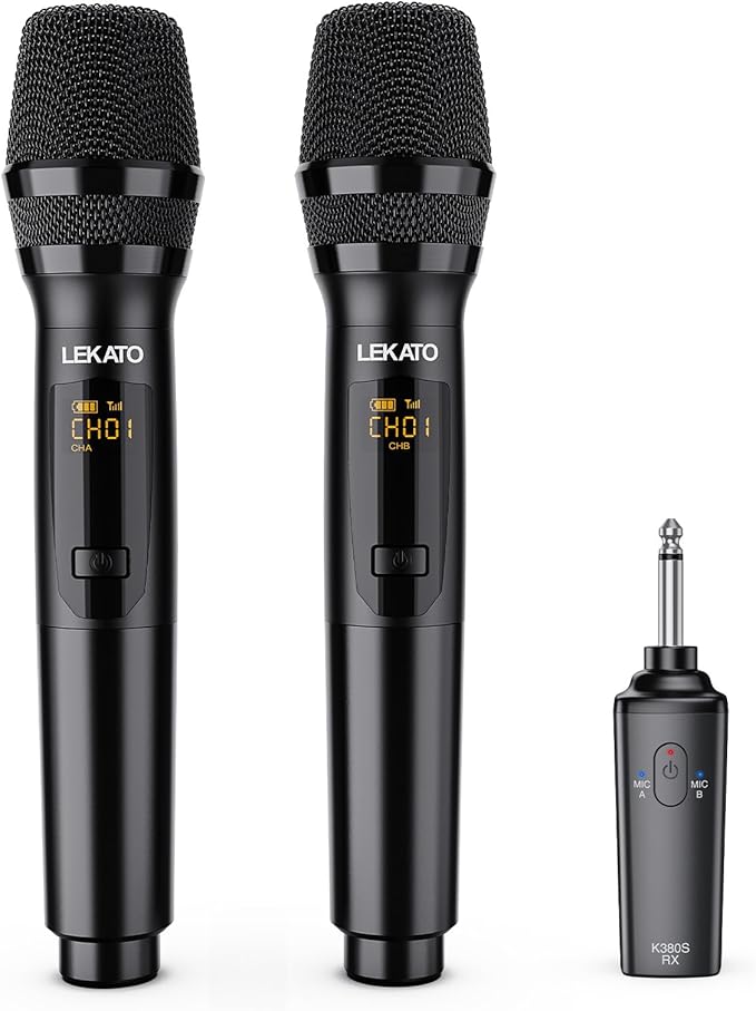 LEKATO Wireless Microphone 2.4GHz Rechargeable Dual Handheld Wireless Dynamic Microphone System Set with 1/4 Receiver Professional Cordless Microphone for Karaoke Wedding Party Speech Church