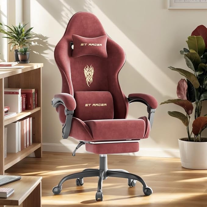 Soontrans Velvet Fabric Gaming Chair for Adult Ergonomic Comfortable Video Gamer Chair with Footrest Reclining Office Computer Desk Game Chairs with Massage Lumbar CushionHeadrest