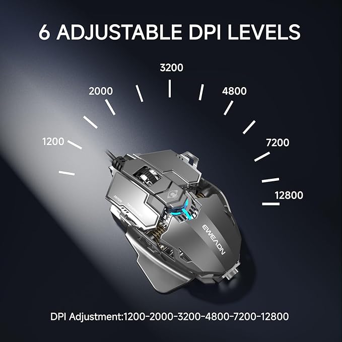 EWEADN G5 Wired Gaming Mouse Ergonomic RGB Computer Mouse 12800 Adjustable DPI 9 Programmable Macro Buttons with Rapid Fire Key Compatible for PC/Laptop/Windows-Grey&ampWhite