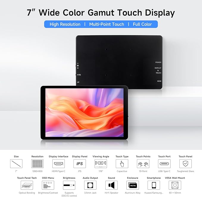 waveshare 7inch Capacitive Touch Display1280×800 Resolution Compatible with Raspberry Pi 5/4B/3B/Zero/Zero W/Zero 2W/Pico/Pico Supports Jetson Nano/RDK X3/VisionFive2/Windows/Smartphone