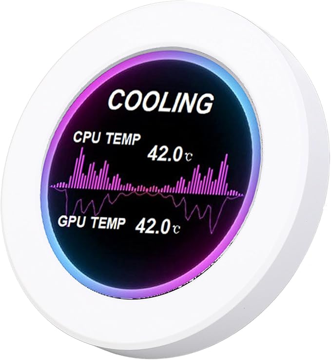 Round IPS LCD Display for PC Hardware and Watercooler Monitoring - 2.1 Inch 480x480 Resolution Screen - CNC Machined Aluminum Alloy Shell in White - 360 Degree Rotation and Type C