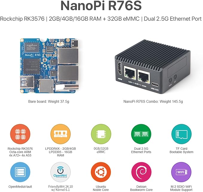 NanoPi R76S Mini Router RK3576 Octa-Core SoC with AI Model LPDDR5 16GB RAM 32GB eMMC 6TOPS NPUDual 2.5G Ethernet Support M.2 Wi-Fi Module (None M.2 WiFi LPDDR4X 4GB TF Card Kit)