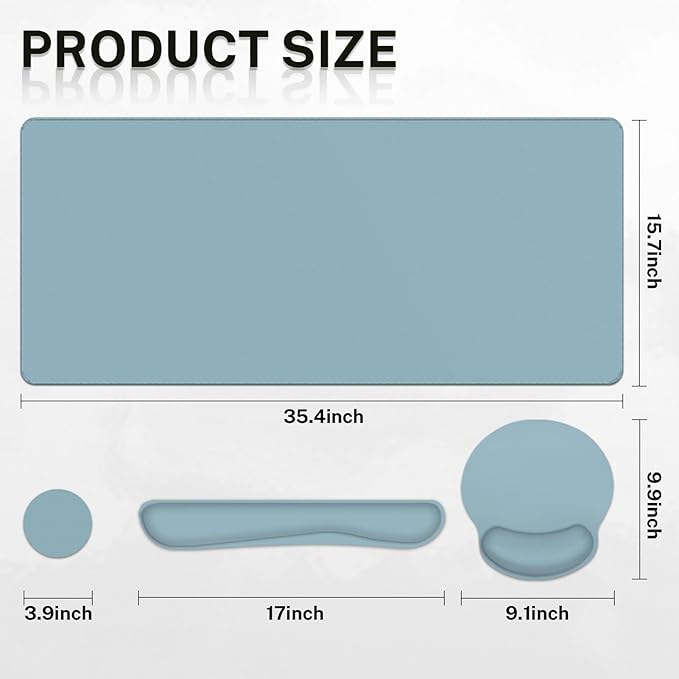 Britimes Blue Keyboard Mouse Pad Set Blue 4 in1 Large Mousepad+Keyboard Wrist Rest+Mouse Wrist Rest+Coaster Ergonomic Design for Home Office Computer 35.4x15.7Inches