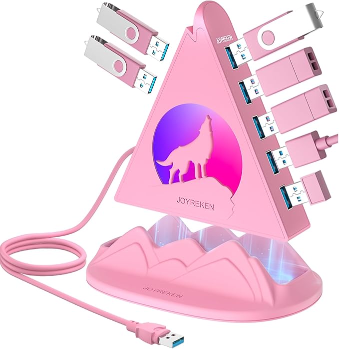 7 Port USB 3.0 HubPink USB Hub with Wolf Shaped RGB Night Light 2ft Long Cable and Pink Basefor Laptop PC Flash Drive HDD Console Printer Keyborad Mouse and More(Charging Not Supported)