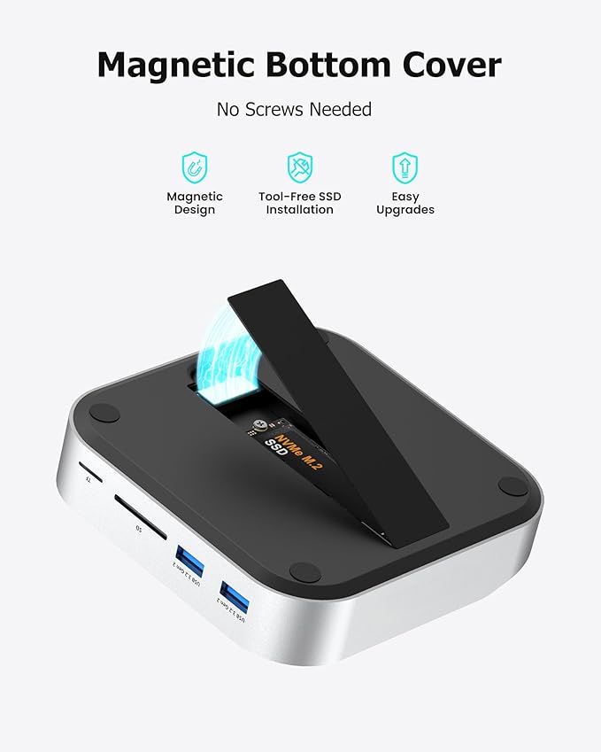 Mac mini M4 Dock with NVMe SSD Enclosure Docking Station Dual Monitor for Mac mini M4/M4 Pro 6-Port USB-C Hub with 4K60Hz HDMI DisplayPort SD/TF Card Reader 10Gbps USB-A
