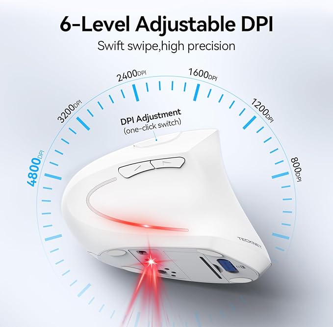 TECKNET Ergonomic Mouse Wireless Bluetooth Vertical Mouse 4800 DPI Optical Tracking 6 Adjustable DPI Quiet Clicks 2.4GHz with USB A Receiver 12 Months Battery 6 Buttons Wide Compatibility