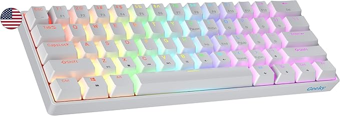 Geeky GK61 SE 60% | Mechanical Gaming Keyboard | 61 Keys Multi Color RGB LED Backlit for PC/Mac Gamer | ANSI US American Layout (White Mechanical Blue)