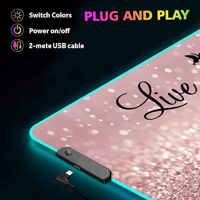 RGB Gaming Mouse Pad with Cup Coaster Large Glowing LED Mouse Pad Anti-Slip Rubber Base Computer Keyboard Desk Mouse Mat 31.5 X 11.8 Inch Quote Live Every Moment Laugh Every Day Love Beyond Words