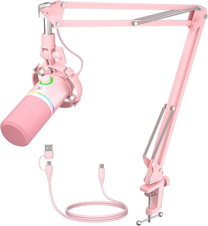 MAONO XLR/USB Dynamic Microphone Kit RGB Gaming Mic with Software Mute Gain Knob Volume Control Boom Arm for Streaming Podcasting Voice-Over Recording-PD200XS Pink