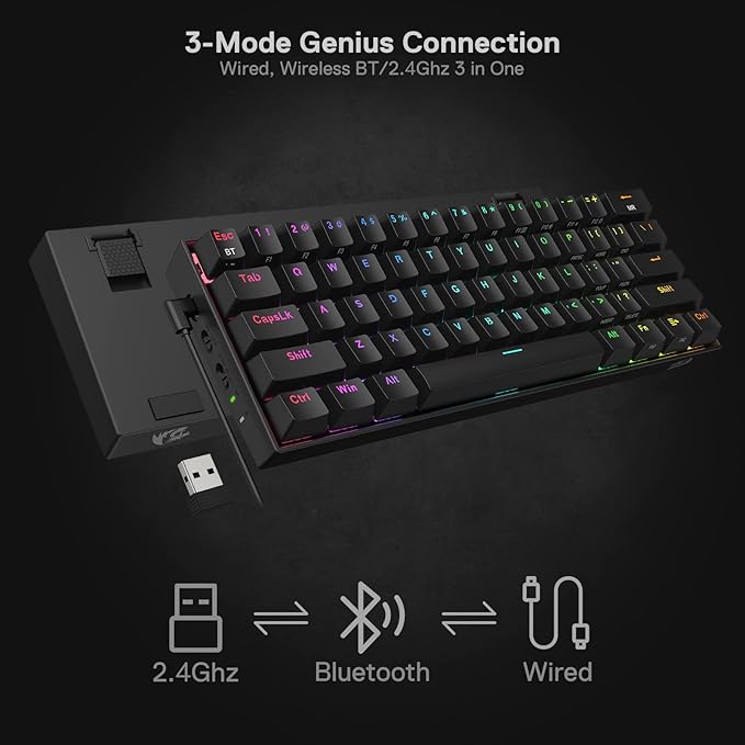Redragon K530 Pro Draconic 60% Wireless RGB Mechanical Keyboard BT/2.4Ghz/Wired 3-Mode 61 Keys Compact Gaming Keyboard w/Hot-Swap Socket Free-Mod Plate Mounted PCB &amp Clicky Blue Switch