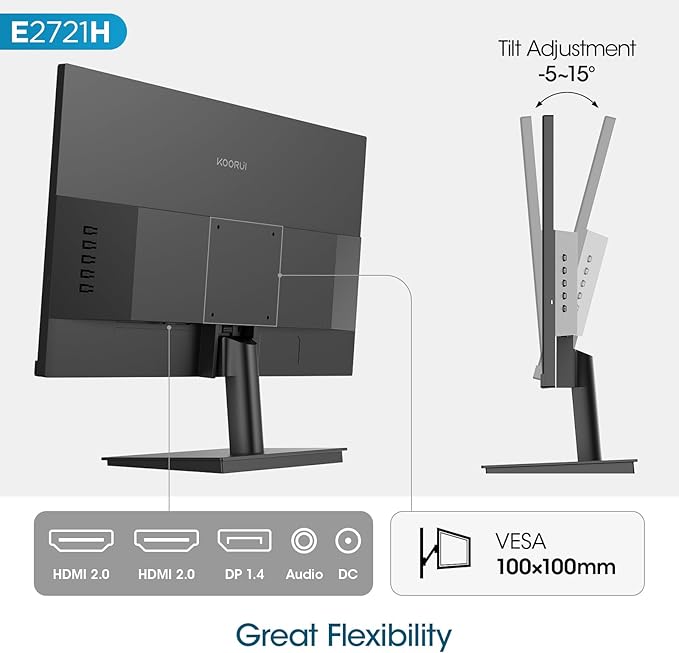 KOORUI 27 Inch QHD (2560x1440) IPS HDR Ultra-Thin Computer Gaming Monitor 120Hz Refresh Rate DCI-P3 95% FreeSync &amp G-Sync 1ms MPRT VESA 100x100mm Tilt Adjustable for Game and Work E2721H