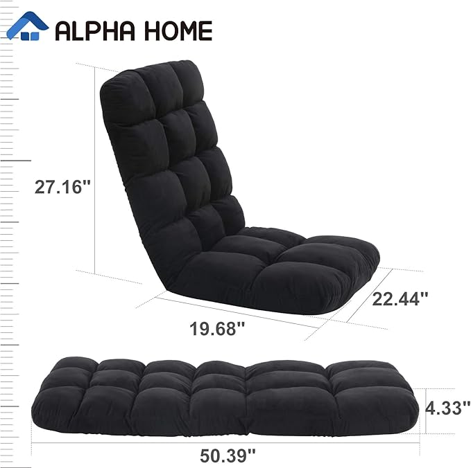 ALPHA HOME Adjustable Floor Chair with Backrest &amp Cushion Dorm Rocker 4 Positions Video Gaming Chair Folding Lazy Sofa Recliner Living Room Seating Lounge Chair for Reading Watching TVBalck