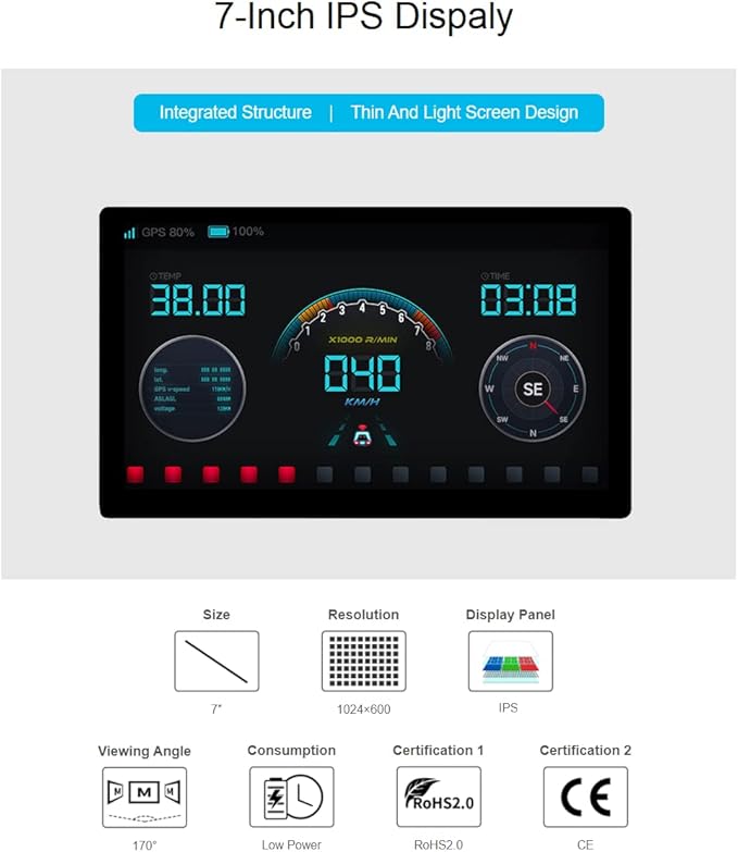 1024 × 600 Resolution 7inch IPS Display Integrated Thin and Light Screen for Raspberry PiJetson NanoWindows PCSupport Windows/Linux/Android System170° Wide Viewing Angle