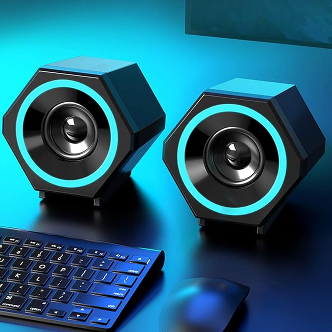 PC Speakers SADA USB Wired Subwoofer Full Range Unit Dynamic Music with Ice Blue Light Small Size High Power for Desktop Laptop Mobile Phone