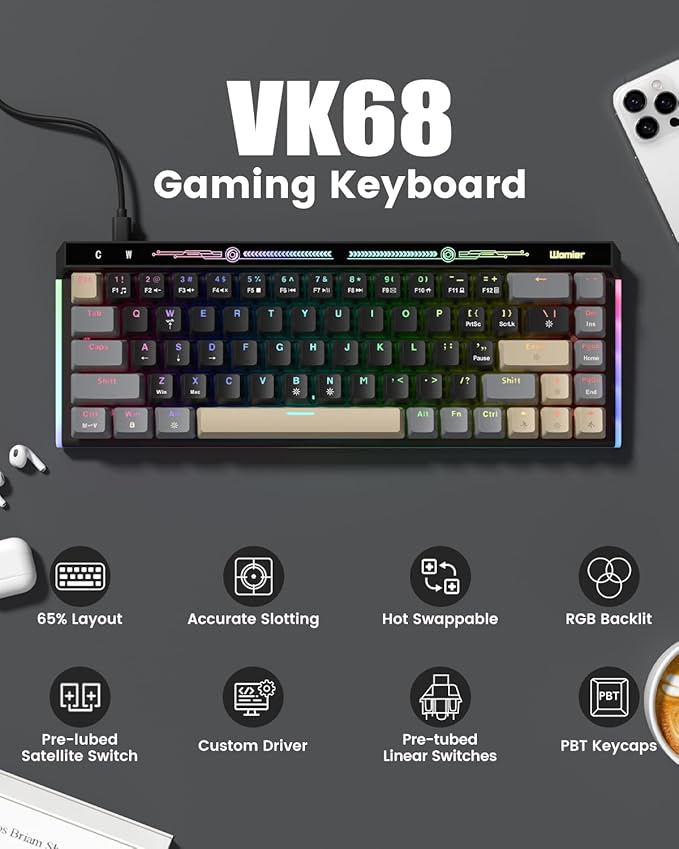 VK68 65% Gaming Keyboard Wired Backlit Mini Keyboard Ultra-Compact Anti-Ghosting No-Conflict 68 Keys Gaming Wired Keyboards for PC Laptop Windows Gamer Black