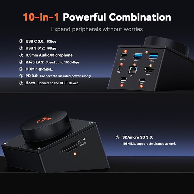 TobenONE 10-in-1 Shortcut-Key Docking Station with 4 Shortcut Button and Volume Knob USB C Dock with 4K@60Hz HDMI 100W PD 3 USB Ethernet Audio SD/microSD for MacBook Windows Chrome Mac mini