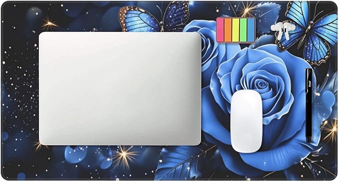 Blue Roses with Butterflies Desk Cover MatExtended Large Mouse PadComputer Laptop Mat Desk Decor for Office Game Home 30x16 Inch