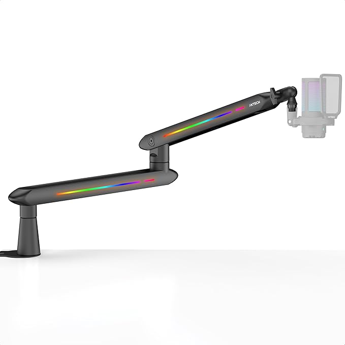 IXTECH RGB Low Profile Boom Arm for Mic Adjustable Microphone Arm Stand with Desk Mount Clamp Rotatable Microphone Boom Arm Mic Stand with Cable Management for Podcast Streaming Gaming Studio.