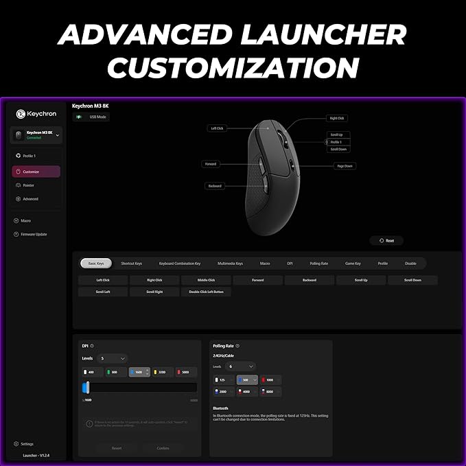Keychron M3 8K Wireless Mouse PixArt 3950 Sensor Launcher WEP 30000 DPI Supports 2.4 GHz/Bluetooth 5.3 79g Ultra-Light Ergonomic Design Up to 140 Hours Using for PC Mac Laptop - Black