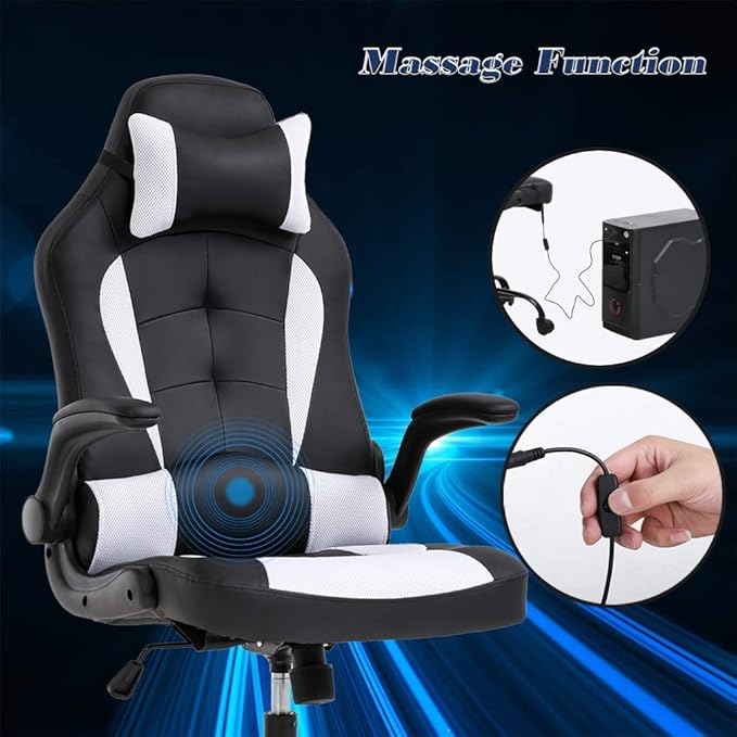 Massage Gaming Chair WhiteGamer Chair Video Game Chair for Adults Desk Chair with Lumbar Support Flip Up Arms Rolling Chair with Wheels for Adults PU Leather Computer Chair